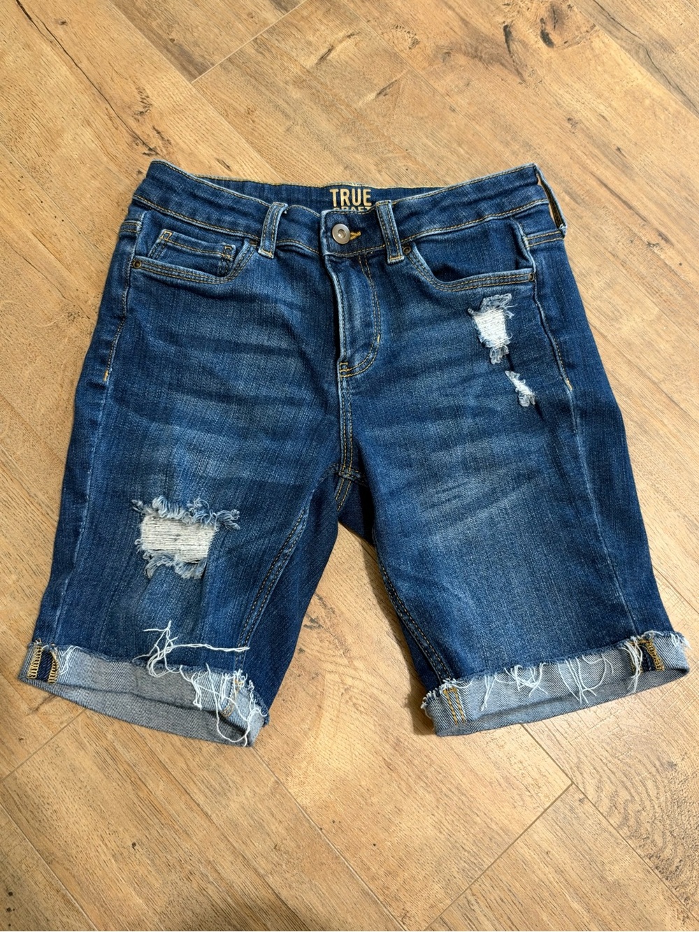 True Craft Distressed Rolled-Hem Jean Shorts in Dark Blue
